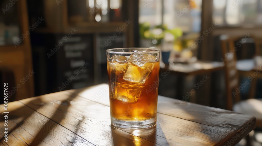 Glass of refreshing iced late, served on cafe table. Glass of refreshing iced late, served on cafe table.