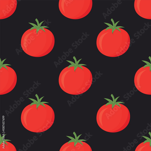 Vector Seamless Pattern with Whole Red Tomato on Black Background. Fresh Tomato Print for Textile, Paper