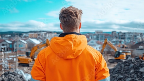 worker in an orange jacket stands on a hill, watching construction machinery and ongoing urban development in the city below on an overcast day photo