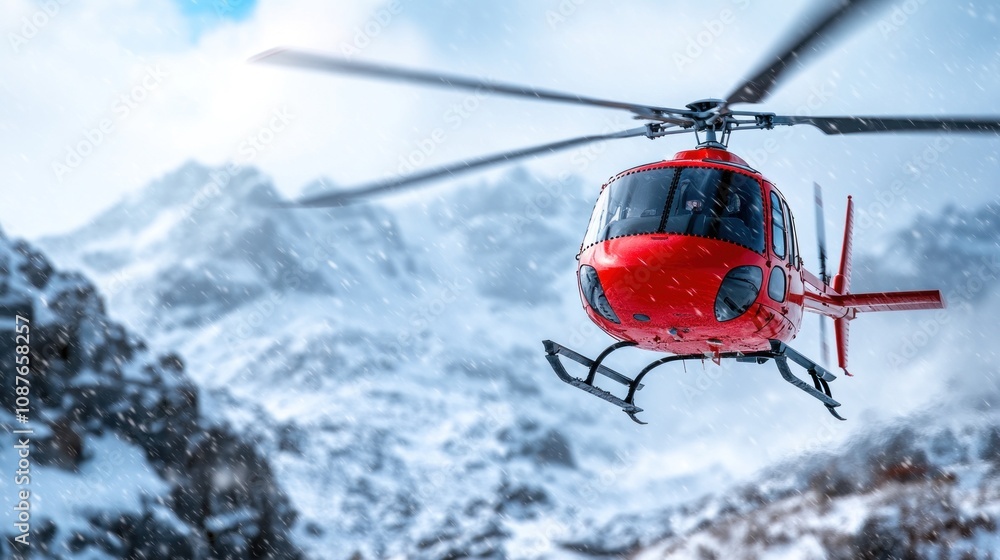 vibrant red helicopter hovers in the chilly air above majestic snowy mountains. rugged peaks are blanketed in white, creating a stunning winter backdrop filled with clouds and mist vibrant red helicopter hovers in the chilly air above majestic snowy mountains. rugged peaks are blanketed in white, creating a stunning winter backdrop filled with clouds and mist