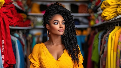 woman, sporting long, beautiful locs, stands confidently in her bright yellow outfit, surrounded by an array of colorful clothing that highlights her unique style