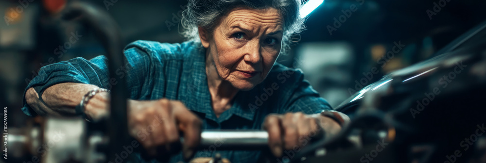Obraz premium A strong woman mechanic works on a car in a well-equipped shop. Her focused expression and protective gear highlight her skill and the empowering atmosphere of the work environment, banner
