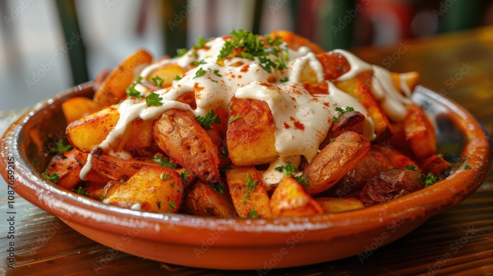 A delectable platter of Spanish patatas bravas, crispy fried potatoes served with spicy bravas sauce and garlic aioli A delectable platter of Spanish patatas bravas, crispy fried potatoes served with spicy bravas sauce and garlic aioli
