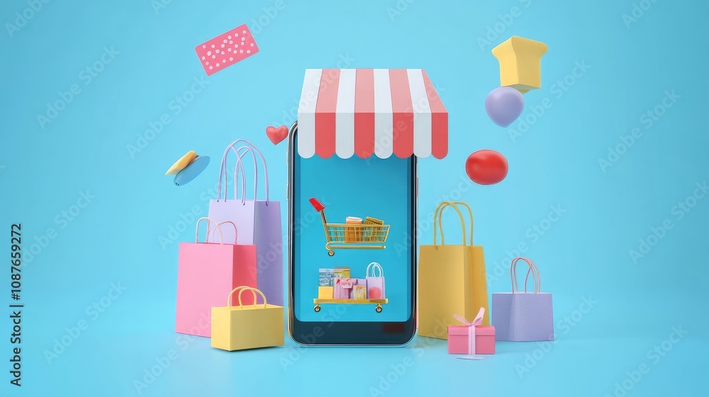 3D Online shopping on smartphone concept, floating shopping items, online buying, and online payment 3D Online shopping on smartphone concept, floating shopping items, online buying, and online payment