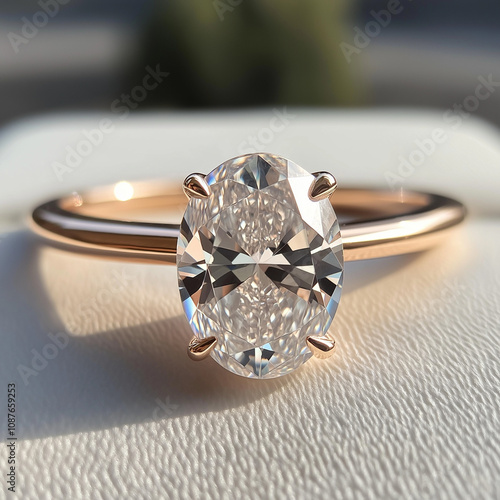 Elegant oval cut diamond ring in a classic solitaire setting, featured on a refined gold band. Perfect for engagements or anniversaries, capturing timeless beauty and sophisticated luxury.