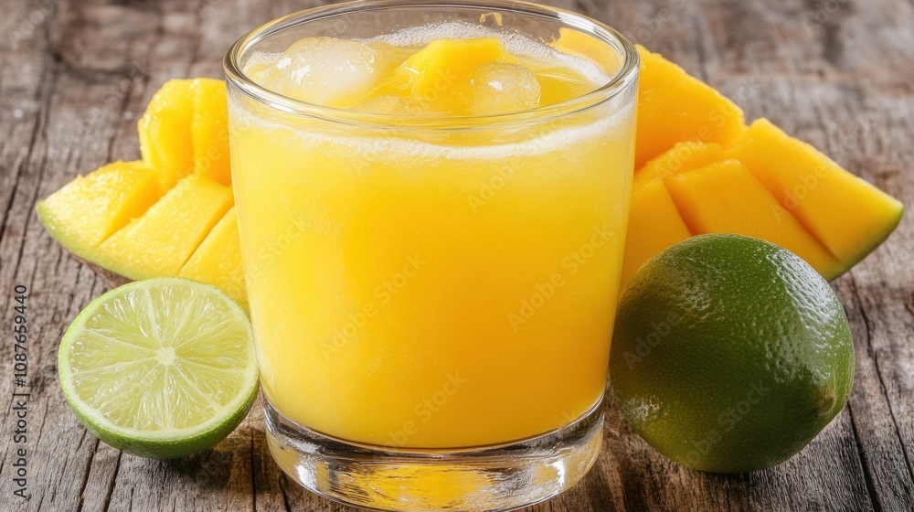 A refreshing mango drink served with lime, ice, and fresh mango slices on a wooden surface. A refreshing mango drink served with lime, ice, and fresh mango slices on a wooden surface.