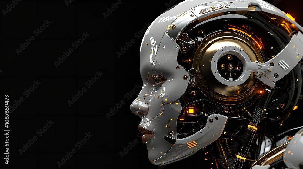 Fototapeta premium Futuristic AI Robot Head, Cyber Person, Advanced Artificial Intelligence Concept, Generative Ai.