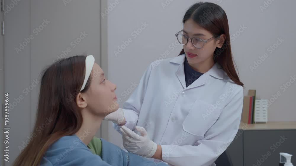 A dermatologist examines a patient’s face with gloved hands during a professional skincare consultation, focusing on health and aesthetics. A dermatologist examines a patient’s face with gloved hands during a professional skincare consultation, focusing on health and aesthetics.