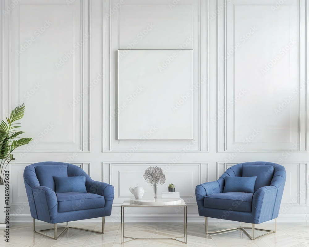Two blue armchairs and a coffee table with a vase of flowers in a white minimalist living room with a large blank canvas Two blue armchairs and a coffee table with a vase of flowers in a white minimalist living room with a large blank canvas