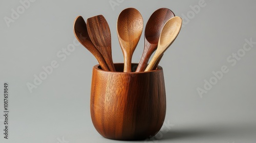 Stylish wooden utensil holder designed for organizing kitchen tools, set against a soothing pastel gray background for a modern home decor aesthetic.