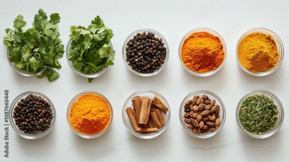 Fresh Herbs and Spices for Indian Cooking Displayed in Bowls on a White Surface, Featuring Coriander, Black Pepper, Turmeric, Cinnamon, Almonds, and Thyme Fresh Herbs and Spices for Indian Cooking Displayed in Bowls on a White Surface, Featuring Coriander, Black Pepper, Turmeric, Cinnamon, Almonds, and Thyme