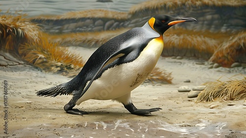 King penguin walking on a sandy beach