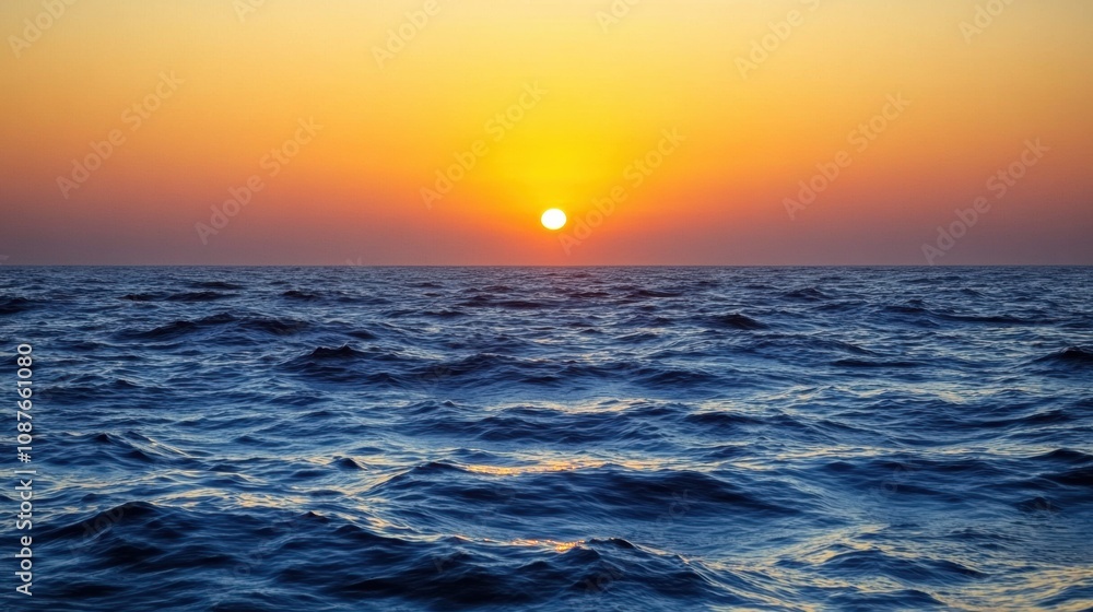 The sun sets over the horizon, casting warm hues of orange and yellow across the tranquil ocean waters. Generative AI The sun sets over the horizon, casting warm hues of orange and yellow across the tranquil ocean waters. Generative AI