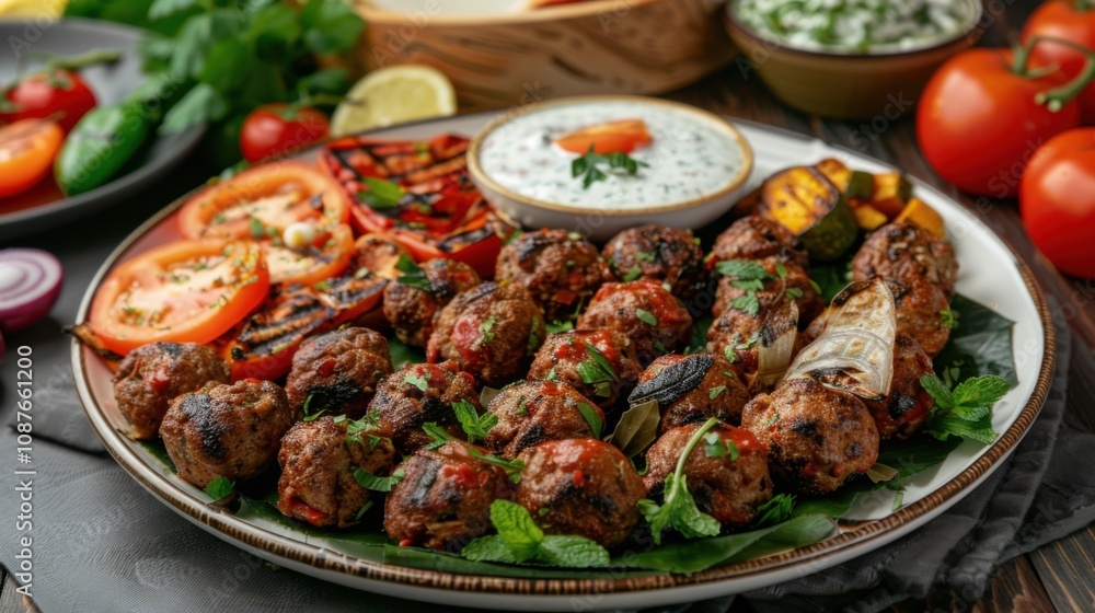 A delectable platter of Turkish köfte, seasoned meatballs served with yogurt sauce and grilled vegetables A delectable platter of Turkish köfte, seasoned meatballs served with yogurt sauce and grilled vegetables
