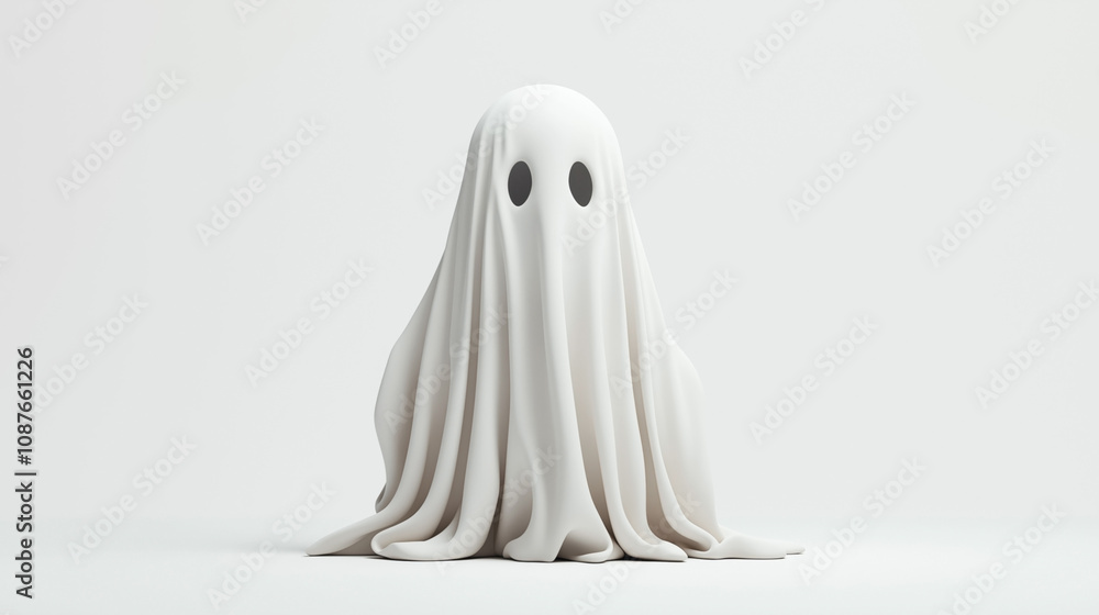 Minimalistic representation of a ghost with a white sheet and black eye holes on a plain background. Minimalistic representation of a ghost with a white sheet and black eye holes on a plain background.
