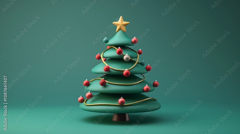 Minimalist Christmas tree graphic with red ornaments and a golden star, set against a teal background.