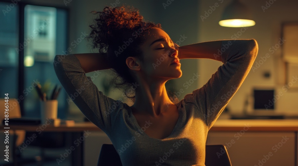 Fototapeta premium Woman Relaxing Evening Warm Light Home Office Cozy Comfort