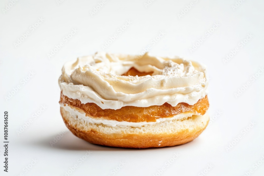 A cream-filled donut with a swirled frosting on top, set against a plain background. A cream-filled donut with a swirled frosting on top, set against a plain background.