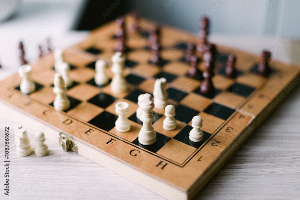 A wooden chess board with a few pieces on it A wooden chess board with a few pieces on it