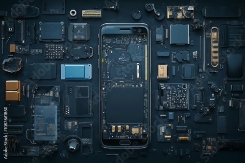 A deconstructed smartphone, with screen, battery, and internal circuits.