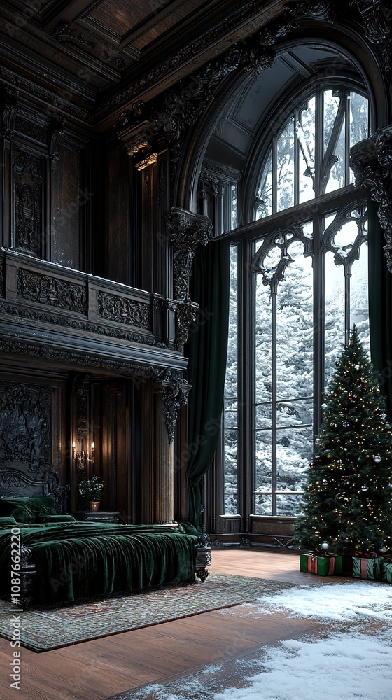 A large room with a green bed and a Christmas tree A large room with a green bed and a Christmas tree