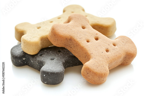 Bone-shaped gourmet dog biscuits in natural earth tones, isolated on white backdrop. photo