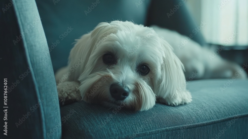 A fluffy white dog resting on a couch, looking curiously at the camera. A fluffy white dog resting on a couch, looking curiously at the camera.