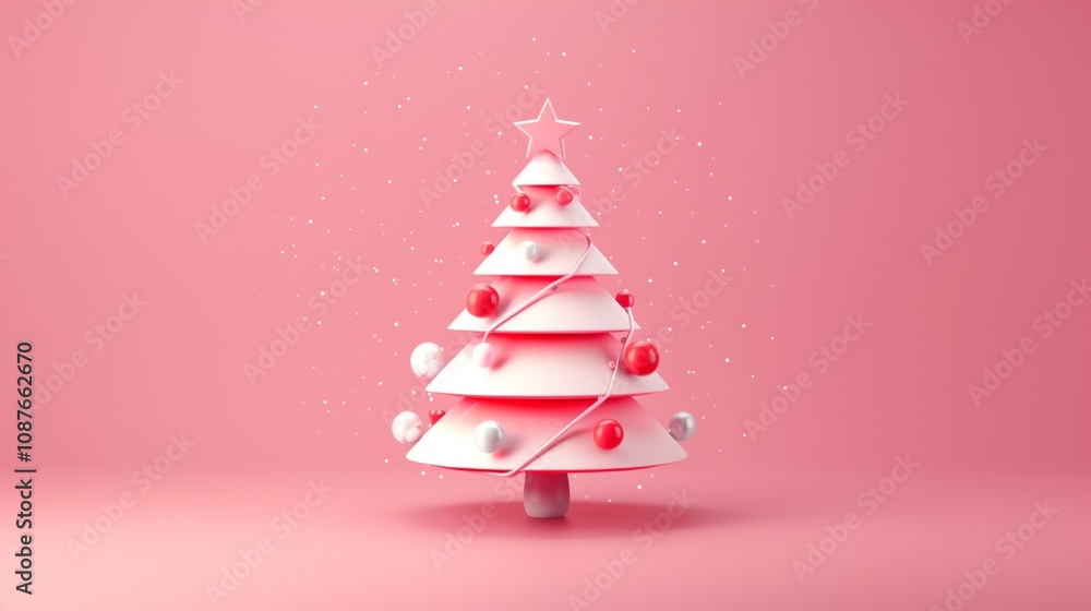 Stylized pink Christmas tree with a star on top and decorations, set against a soft pink background with falling snow. Stylized pink Christmas tree with a star on top and decorations, set against a soft pink background with falling snow.