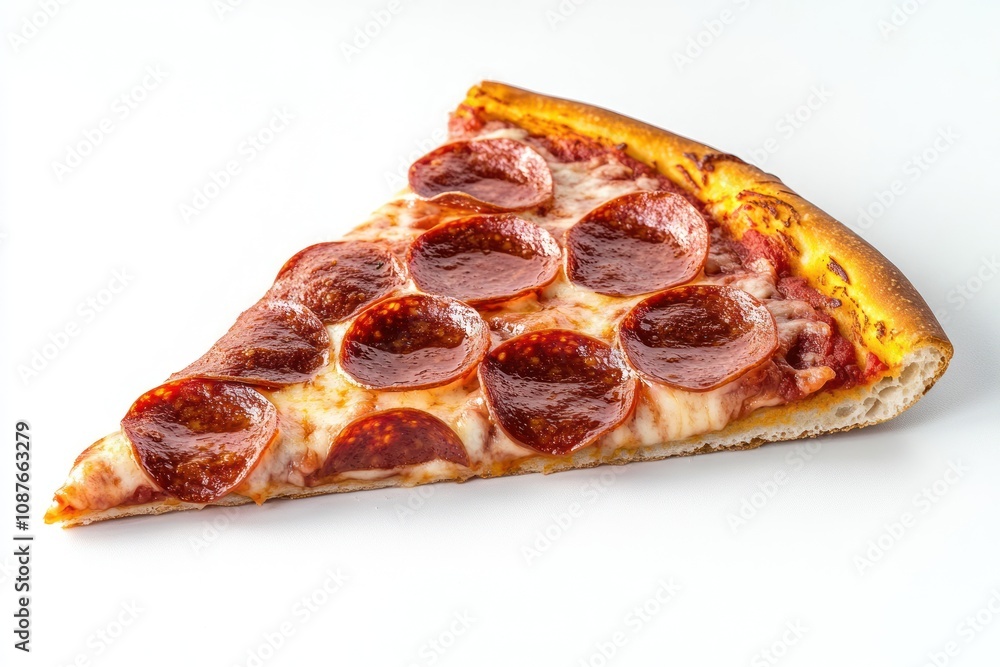 A slice of pepperoni pizza with melted cheese and a golden crust on a white background. A slice of pepperoni pizza with melted cheese and a golden crust on a white background.