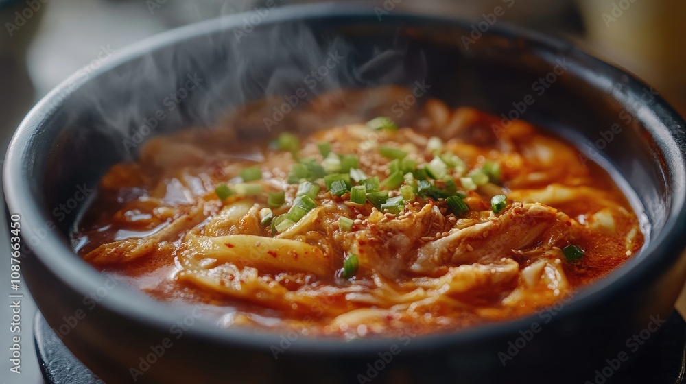 A bowl of spicy kimchi stew bubbling with ingredients and garnished with green onions. A bowl of spicy kimchi stew bubbling with ingredients and garnished with green onions.