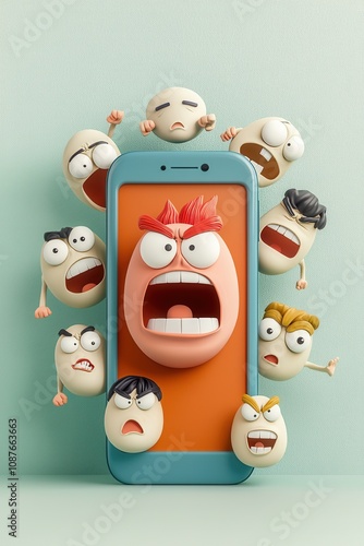 Cyberbullying on social media concept. A smartphone surrounded by colorful cartoon expressions of emotions. photo