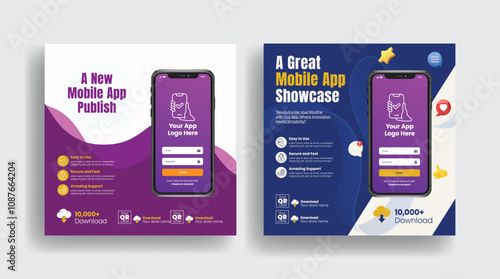 mobile app promotion and mobile app development editable social media posts, banner, ads and software promotion advertising design with 3d smartphone illustration