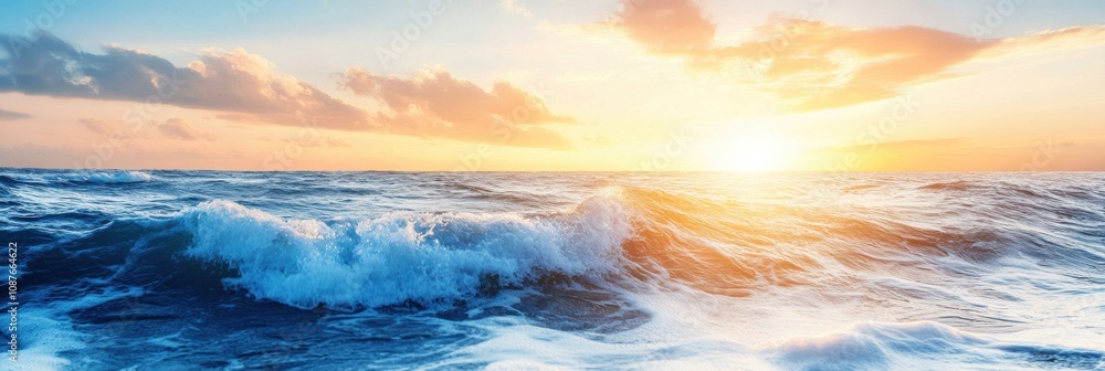 Fototapeta premium The sun sets over the ocean, casting a warm glow on the water while waves crash gently, creating a peaceful and serene atmosphere. Generative AI