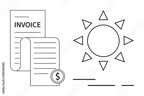 Financial document labeled Invoice with a dollar coin symbol next to a sun icon, symbolizing prosperity and clear economics. Ideal for business, finance, accounting, prosperity themes, economic