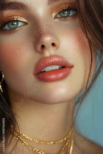 close up portrait of beautiful woman with gold necklaces  light blue background  beauty photography photo