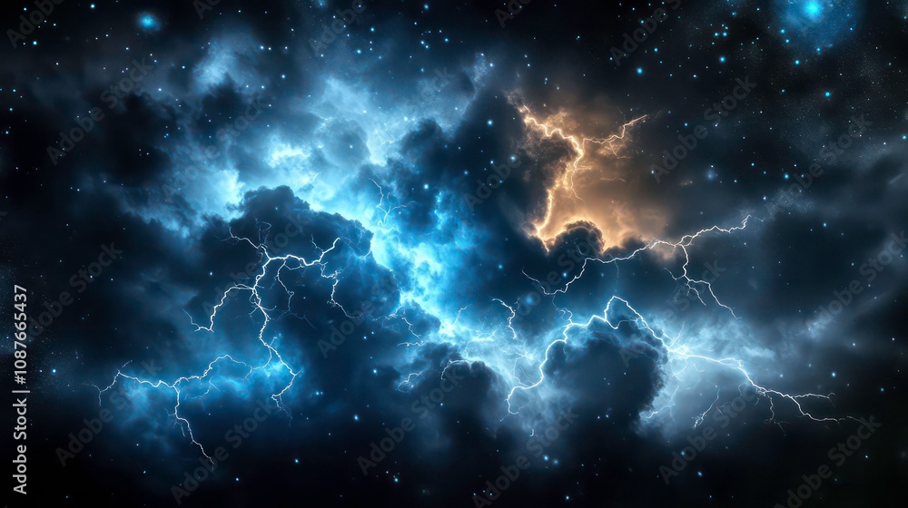 A dramatic stormy sky with lightning bolts and a starry background. A dramatic stormy sky with lightning bolts and a starry background.