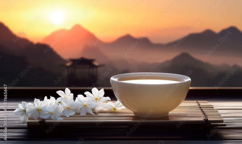 A serene scene featuring a bowl of tea and flowers against a mountain sunset backdrop. A serene scene featuring a bowl of tea and flowers against a mountain sunset backdrop.