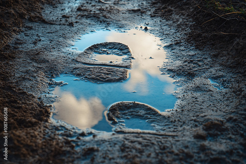 Fresh footsteps in muddy puddle reflecting overcast sky. photo