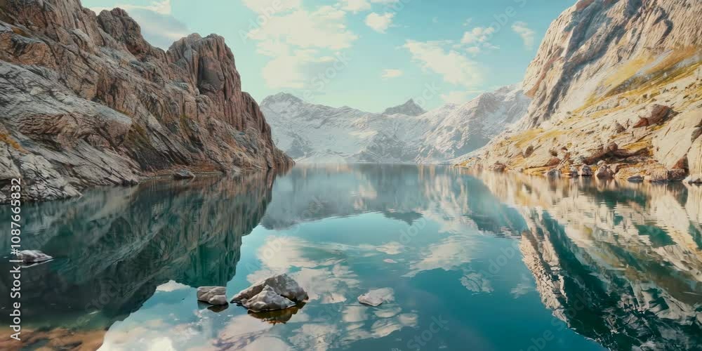 Rocky cliffs reflecting in a crystal-clear mountain lake, tranquil scenery 4K . Video Rocky cliffs reflecting in a crystal-clear mountain lake, tranquil scenery 4K . Video