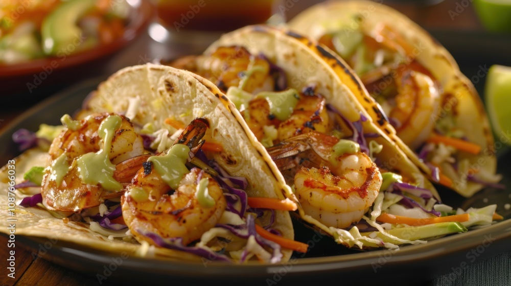 A delicious plate of shrimp tacos with seasoned shrimp, cabbage slaw A delicious plate of shrimp tacos with seasoned shrimp, cabbage slaw