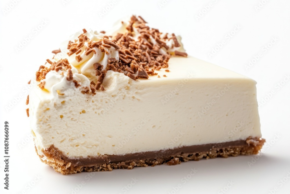 A slice of creamy cheesecake topped with chocolate shavings and whipped cream. A slice of creamy cheesecake topped with chocolate shavings and whipped cream.