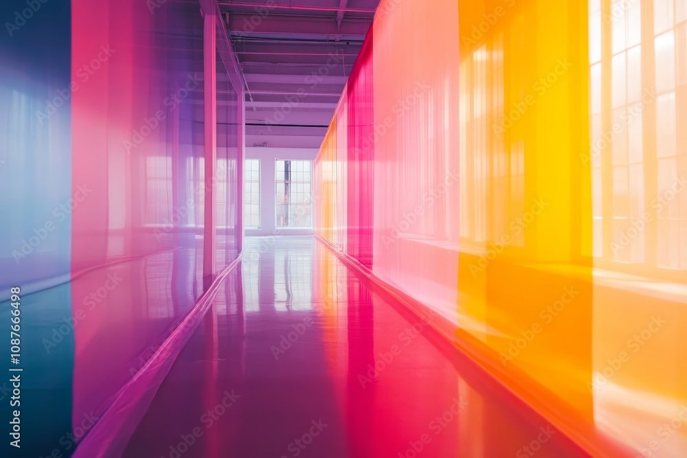 Fototapeta premium Vibrant Gradient Corridor - Colorful, abstract hallway; light, color, design, architecture, modern.
