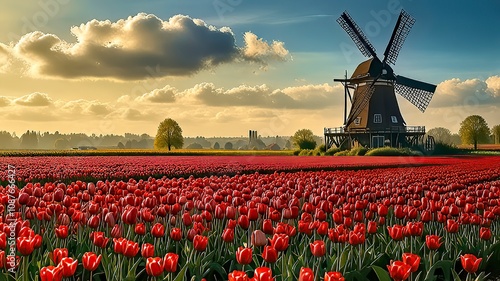 Amsterdam a vibrant city of tulips, scenic canals and rich art. Tulip Fields and Windmill Near Amsterdam