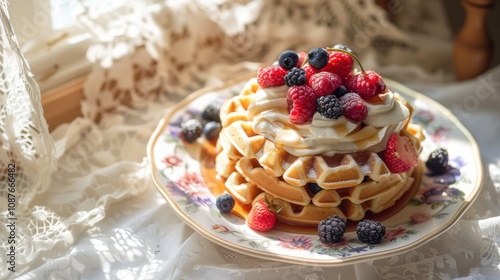 A delicious stack of Belgian waffles topped with whipped cream and mixed berries, Waffles arranged on a vintage floral plate