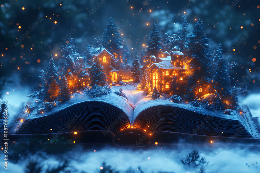 Obraz premium 3D rendering of an open book with pages transforming into a Christmas landscape, showcasing a snowy village, decorated trees, and festive lights in a magical, warm atmosphere. 
