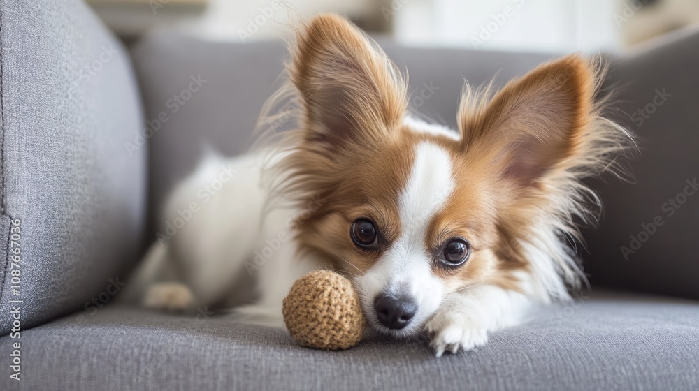 A playful dog resting on a couch with a toy. A playful dog resting on a couch with a toy.