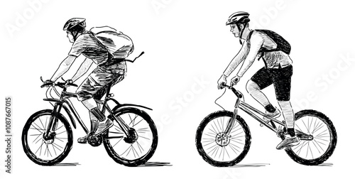 Cyclists in helemets with backpacks riding bicycles, side view, vector realistic sketch