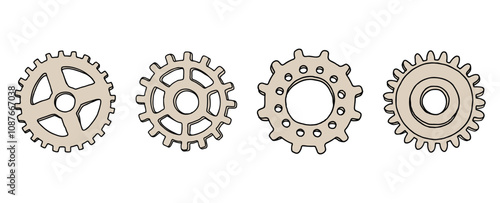 Gear wheels different, outline vector drawings isolated on white