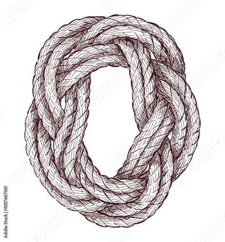 Hand drawing of twisted rigging rope, vector illustration isolated on white