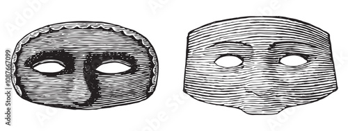 Hand drawings of two abstract vintage human masquerade mask, vector illustration isolated on white